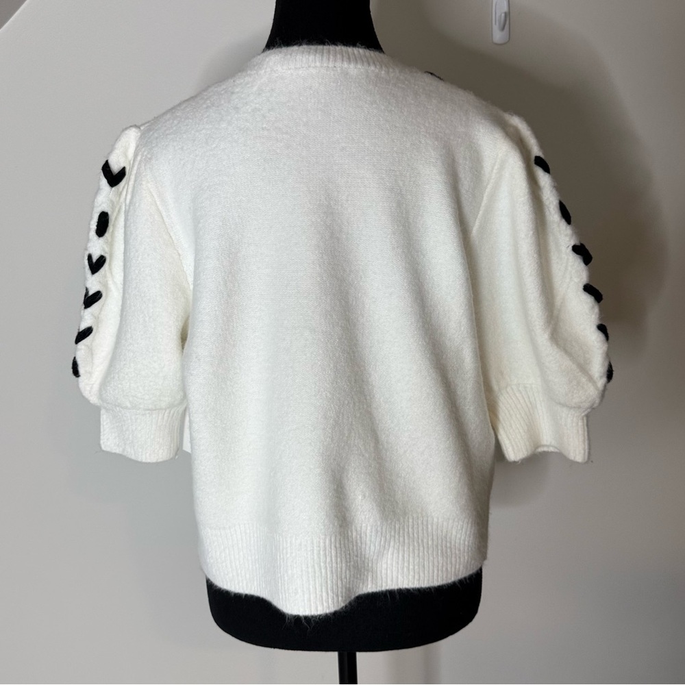ELLEN TRACY New Puff Short Sleeve White Black Heart Crop Knit Sweater Sz Large - Picture 8 of 11